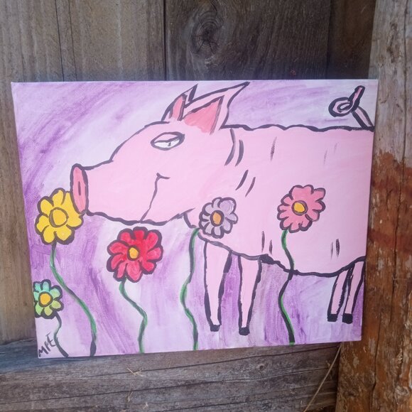 Pig In Flowers Folk Art Painting - Picture 3 of 15